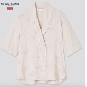 Uniqlo x Ines de la Fressange oversized open collar half sleeve embroidered top